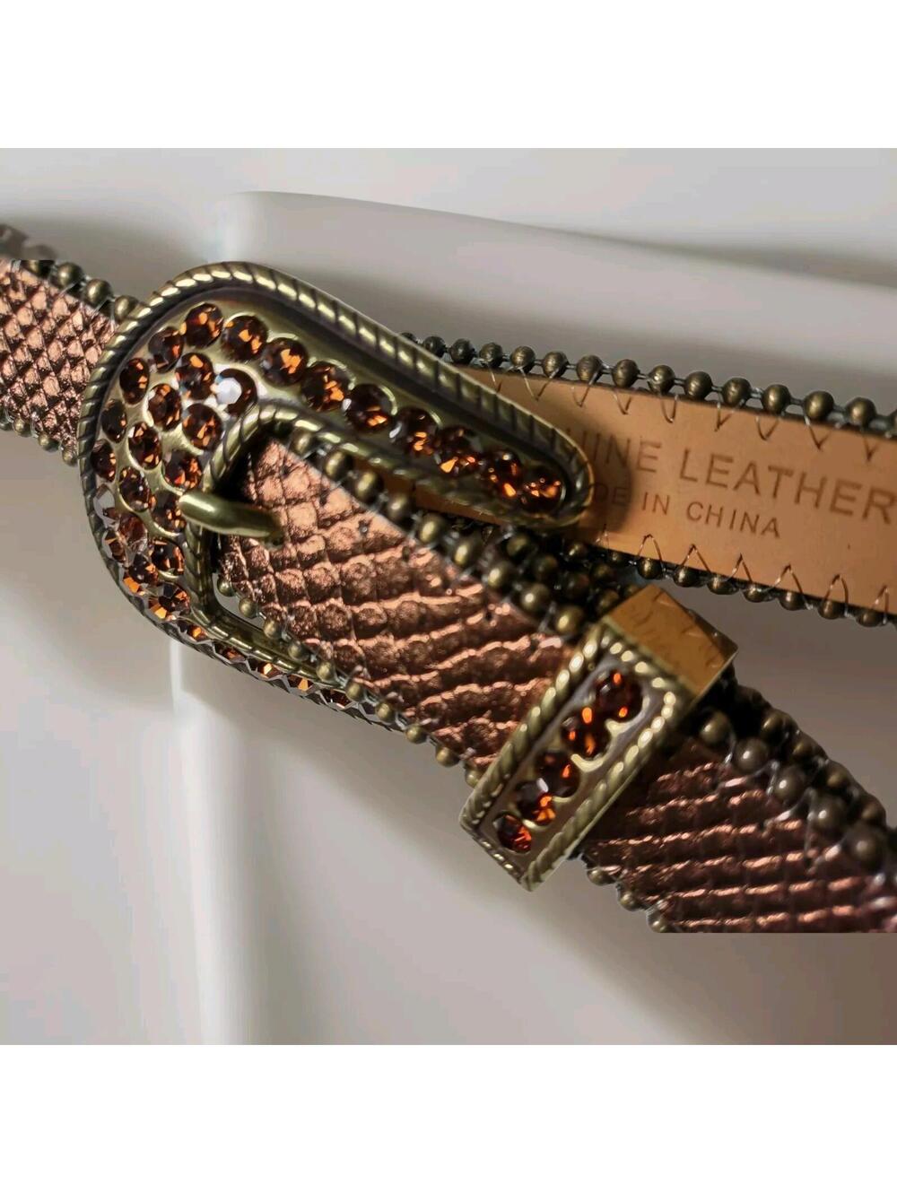 Rhinestone Studded Cache Belt Chain Ball Bronze Reptile Leather Snake SIZE LARGE - Picture 4 of 11